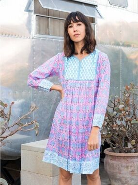 SZ Blockprints Jaipur Dress Eva Pink Pineapple Print Womens M